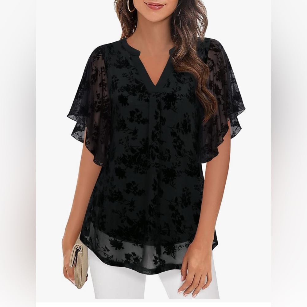 Timeson Black Gorgeous Blouse With Black Floral Overlay XXL